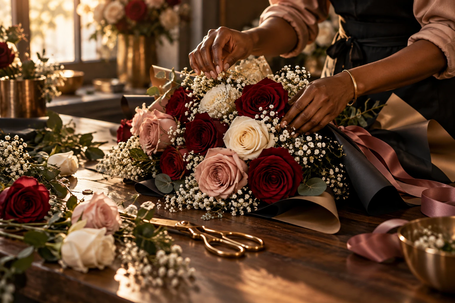 A florist thoughtfully composing burgundy, blush and ivory roses