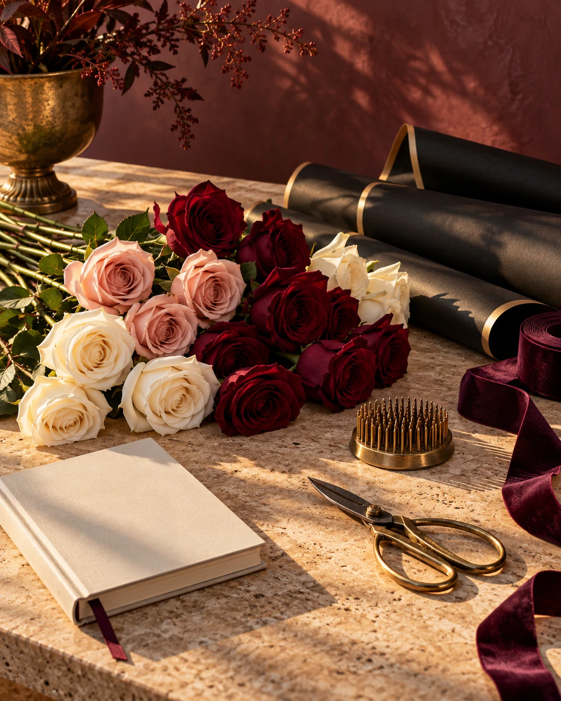 Premium rose stems, ribbon and florist tools prepared with care