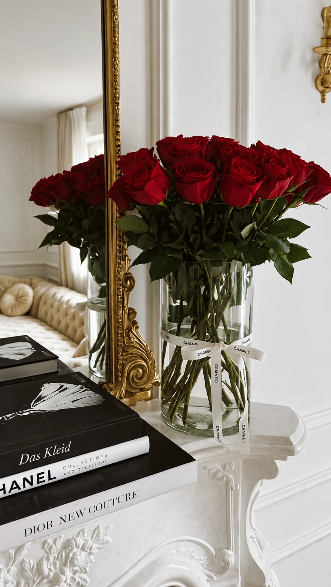 Royal Petals red roses reflected in an ornate gold mirror